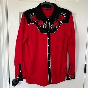 Cruel Denim Red and black rodeo shirt with roses